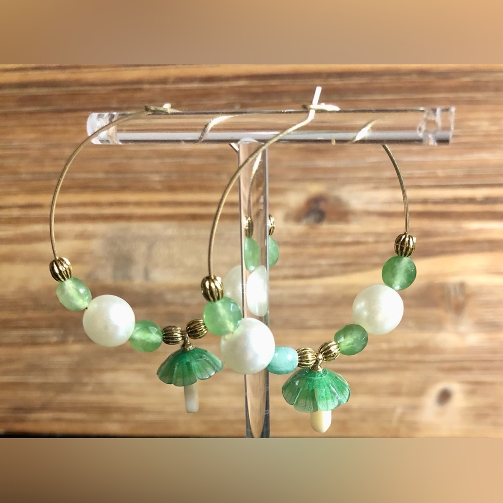 Green, Gold And White Mushroom Hoop Earrings
